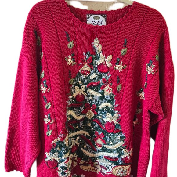 Vintage Tiara Red Women's Ugly Christmas Sweater XL - Picture 1 of 5